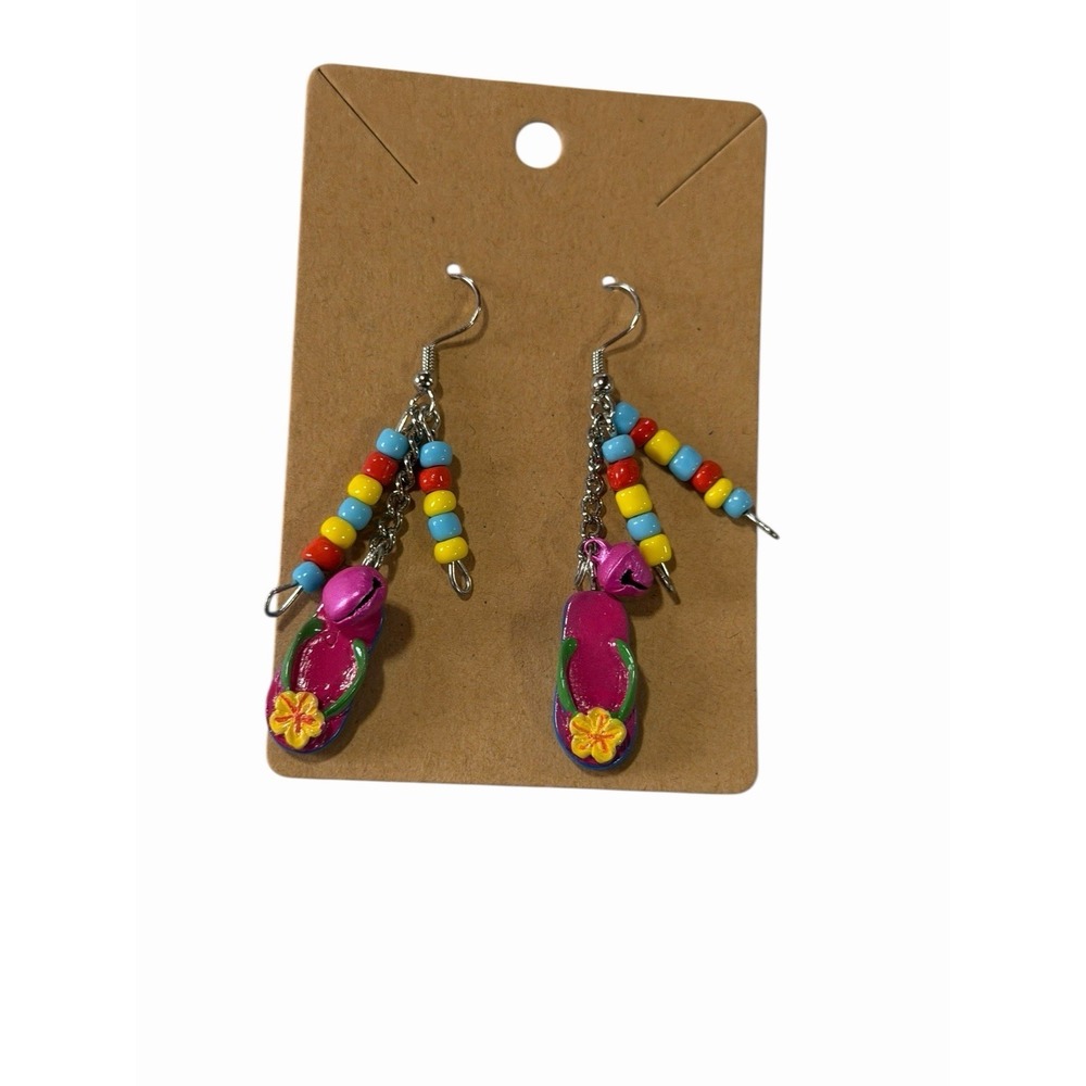 Pink Flip Flop Drop Earrings with Colorful Beads and Bells Summer Beach Jewelry